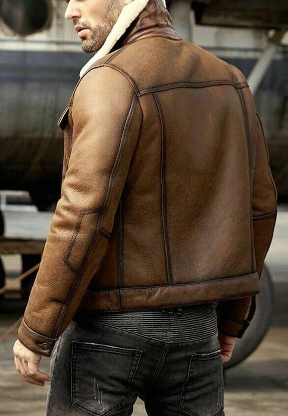 Men's Brown Leather Jacket Shearling Leather Jacket - Etsy