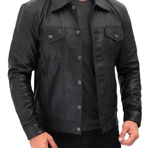 Men's Black Trucker Jacket, Lev Style Trucker Leather Shirt, Black Trucker Leather Jacket,Customized Handmade Leather Jacket