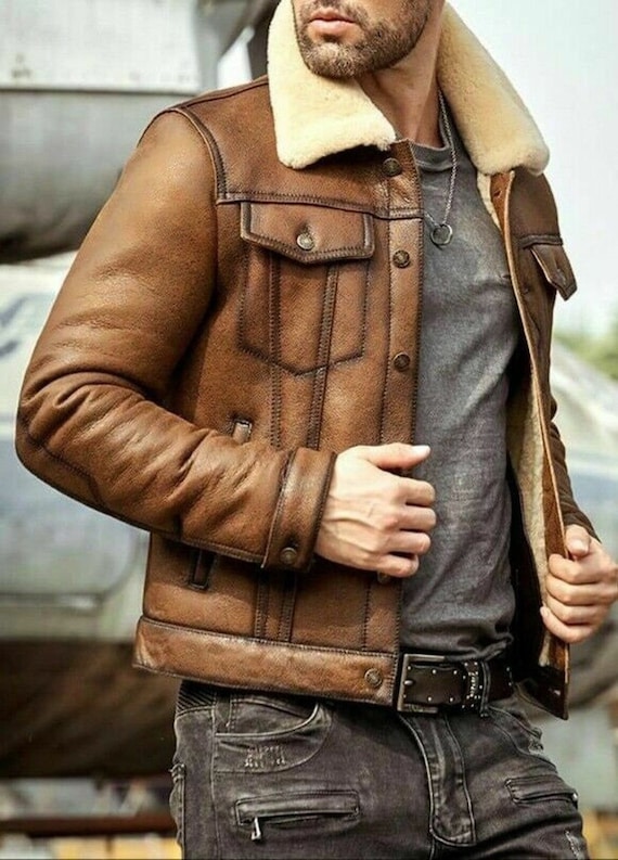 Men's Brown Leather Jacket Shearling Leather Jacket - Etsy