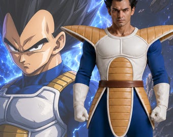 May include: A realistic figure of a character wearing a blue bodysuit with white and tan armor, including shoulder pads, a chest plate, and a brown belt. The figure has dark hair and is positioned in front of a large, illustrated graphic of the same character.
