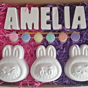 May include: A craft kit in a cardboard box, with the name "AMELIA" in white block letters, paint pots, and three white ceramic bunny figures. The box is filled with pink and purple shredded paper.