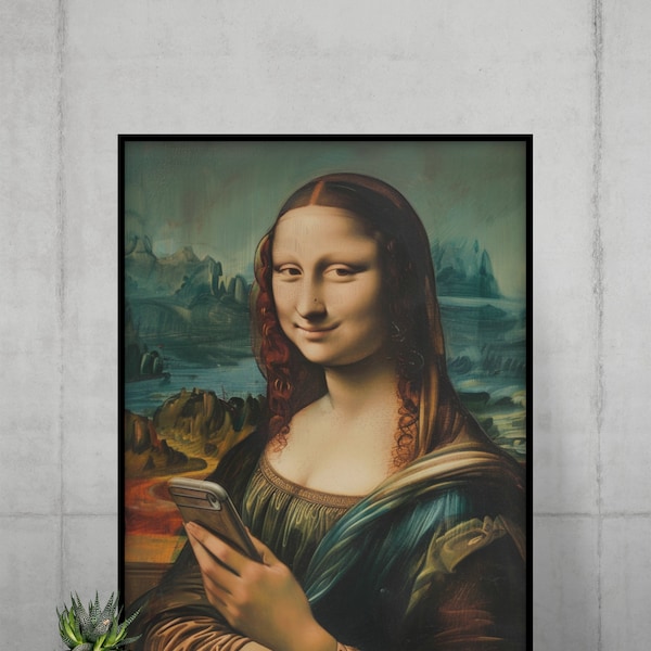 ART PRINT Mona Lisa With Cell Phone - Altered Art, Eclectic Wall Art, Funny Parody Decor, Vintage Wall Decor, Surreal Gift, Maximalist Decor