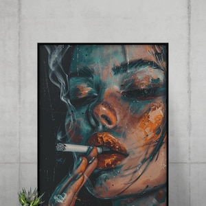 ART PRINT Woman Smokes A Cigarette, Portrait Of A Woman, Printable Art, Digital Art Print Poster, Art Illustration, Maximalist Art