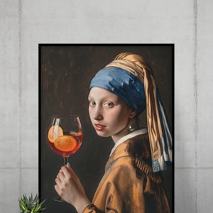 アートプリント パールイヤリングの少女ドリンクアペロールスプリッツ、カクテルプリント、レトロバーカートアートプリント、ヴィンテージバーカート装飾、キッチンポスター