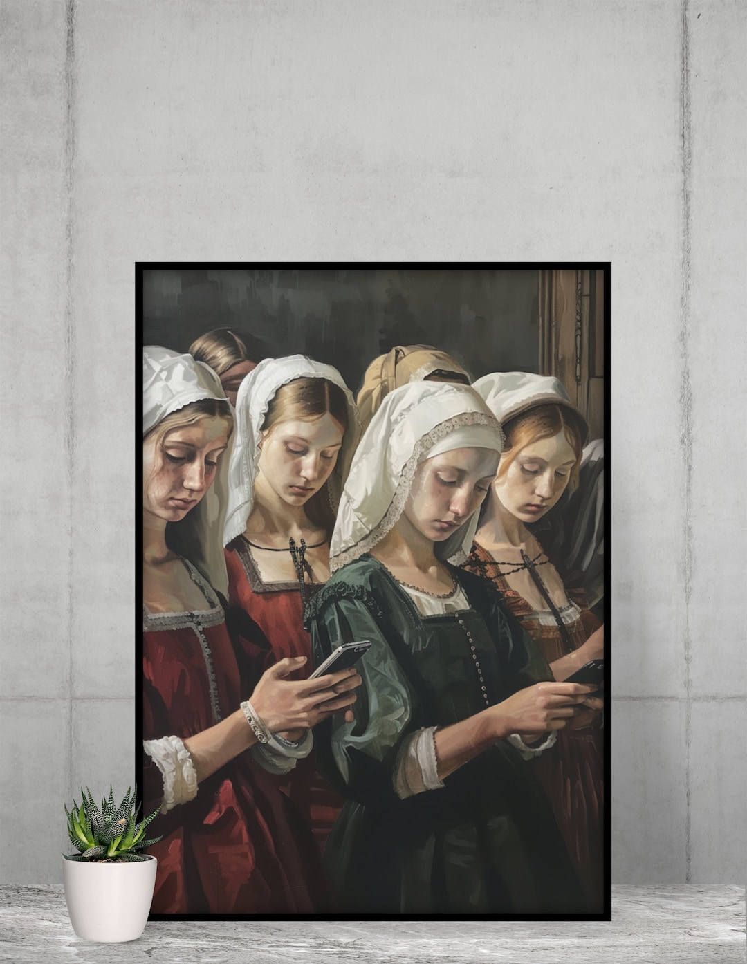 ART PRINT Renaissance Women Look at Cell Phones, Eclectic Art, Altered ...