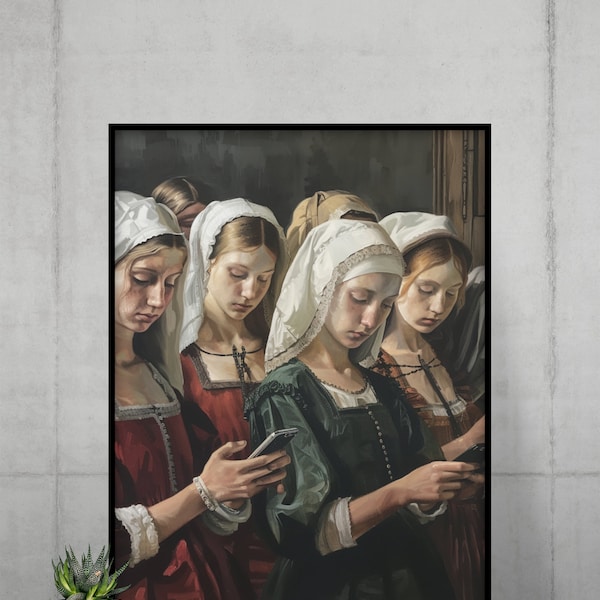 ART PRINT Renaissance vrouwen kijken naar mobiele telefoons, eclectische kunst, veranderde kunst, afdrukbare kunst, vintage parodie kunst, grillige muurkunst