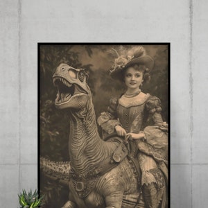 ART PRINT Renaissance Woman Rides Dinosaur, Vintage Photography,  Dark Academia, Gothic Occult Poster, Gothic Home Decor, Western Jurassic