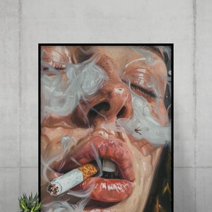 ART PRINT Woman Smokes A Cigarette, Portrait Of A Woman, Printable Art, Digital Art Print Poster, Art Illustration, Maximalist Art