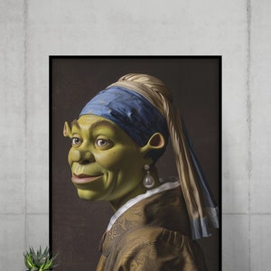 SWAMP ARTPRINT, Ogro con pendiente de perla, Arte ecléctico, Arte alterado, Arte imprimible, Arte de parodia vintage, Arte de pared caprichoso, Regalo divertido