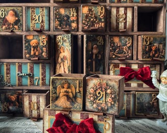 Vintage Wooden Advent Calendar with 24 Drawers, Reusable Christmas Countdown, Lighted Turquoise Burgundy Gold Decor