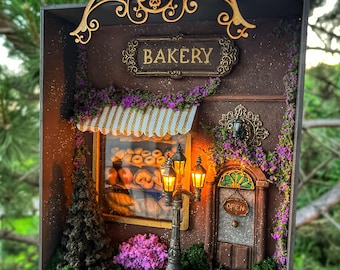 Handmade Bakery Alley Book Nook Diorama: Miniature Bread Shop, Vintage Lantern Decoration
