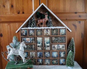 Unique Wooden Advent Calendar House: Deer Winter Scene, Light Brown, Animals