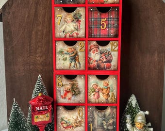 Advent Calendar With Drawers for 12 days Vintage Ephemera Christmas Decoration Family Heirloom