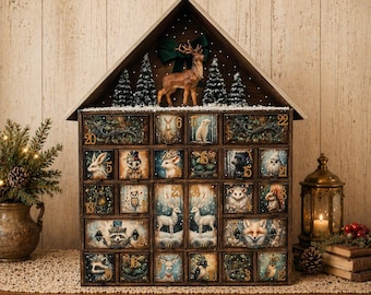 Unique Wooden Advent Calendar House: Winter Deer Scene, Nostalgic Keepsake