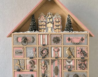 Pink Advent Calendar House - Wooden Christmas Countdown Nutcracker Reusable Handmade House With Drawers