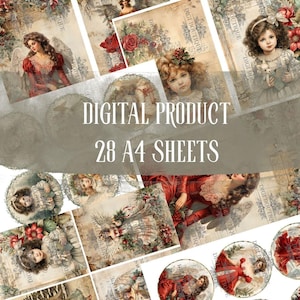 Peut inclure: Ensemble de papiers numériques de style vintage avec des illustrations d'anges, d'enfants et de motifs floraux. Les papiers présentent des éléments décoratifs et le texte "DIGITAL PRODUCT 28 A4 SHEETS".