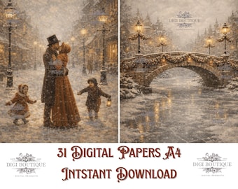 31 Printable Victorian Christmas Illustrations, Digital Download Home Decor Vintage Holidays, Enchanted Winter Graphics