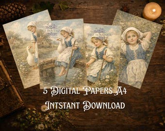 Girl with Goose Digital Countryside Easter Graphics Printable DIY Prints Set Decoupage (Digital Download)