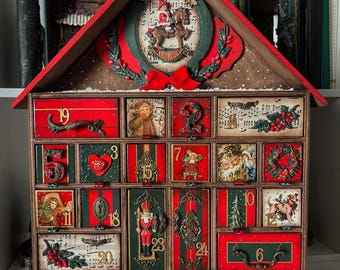Handmade Wooden Big Advent Calendar Nutcracker Christmas Decoration Reusable Xmas House with Drawers