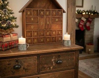 Rustic Wooden Advent Calendar with Drawers, Custom Color Christmas Countdown