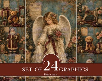 Set di 24 immagini natalizie digitali stampabili su 58 fogli, turchese e bordeaux, illustrazioni vintage.