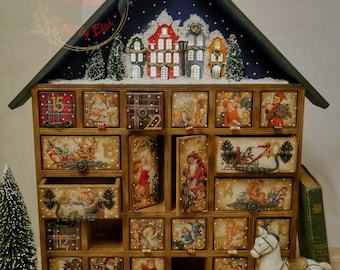 Vintage Wooden Advent Calendar House: Christmas Town Scene, Reusable Decor