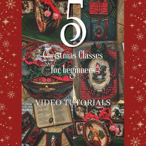 Op de afbeelding: Een collage met kerstversieringen en de tekst "5 Christmas Classes for beginners VIDEO TUTORIALS Elfie Decor". De afbeelding bevat ornamenten, notitieboekjes en een boek, allemaal versierd met feestelijke elementen.