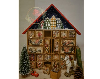 Advent Calendar wood,Photo props vintage christmas,Handmade Advent Calendar,advent house,dollhouse christmas house,advent calendar red roof