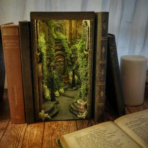Handmade book nook alley with mirror and led light, miniature bookstand scene, bookshelf insert, unique gift idea, diorama mini town