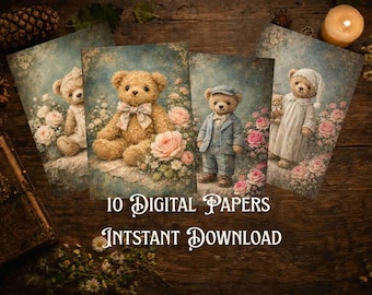 Shabby Sweet Teddy Bears Pink Flowers  DIY Prints Set of 10 Decoupage (Digital Download)