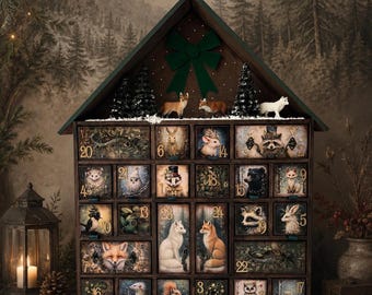 Wooden Advent Calendar House: Winter Fox Arctic Fox Scene, Nostalgic Christmas Countdown