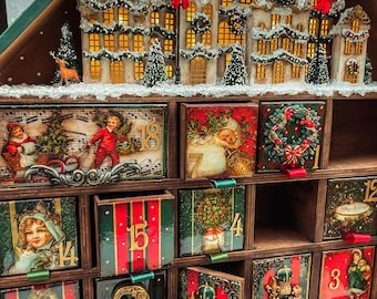 Handmade Wooden Advent Calendar: Vintage Nutcracker Christmas Countdown With Tiny Town Scene Led Light
