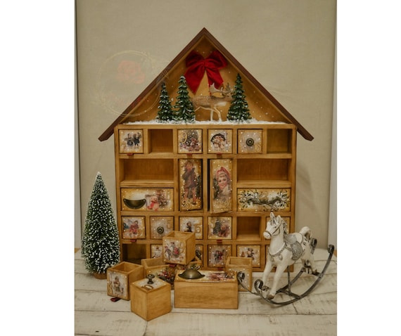 Advent Calendar House,photo Props Vintage Christmas,christmas Calendar Roof, Wooden House With Drawers and Doors,winter Scene Deer,decoupage - Etsy