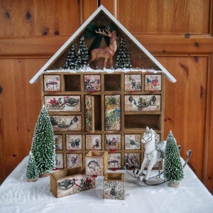 Advent calendar wooden house,xmas countdown with drawer Light Brown