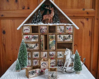 Advent calendar wooden house,xmas countdown with drawer Light Brown