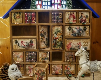 Wooden Christmas Advent Calendar House: Blue Roof Keepsake Decoration Led Light Scene Miniature Town