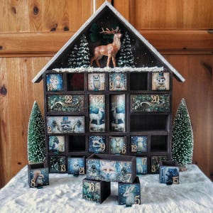 Advent calendar wooden house,xmas countdown with drawer,wintere scene deer,centerpiece festive decoration,nostalgic holiday keepsake gift