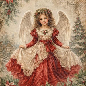 May include: A digital illustration of an angel with large white wings, wearing a long red and cream-colored dress with lace details. The figure has a floral wreath on their head and is surrounded by poinsettias, holly, and a snowy village scene.