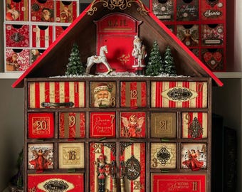 Vintage Wooden Advent Calendar with 24 Drawers, Reusable Christmas Countdown With Lights , Red Cream Gold, Xmas house rocking horse