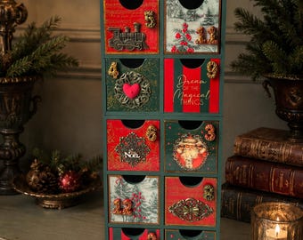 12- days Handmade Advent Calendar With Drawers Vintage Style Christmas Decoration Family Heirloom