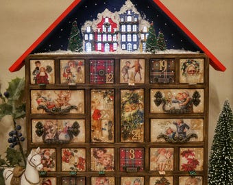 Handmade Wooden Christmas Advent Calendar House with Drawers