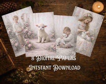 Shabby Easter Children Printable Sweet Lamb Pink Spring DIY Prints Set Decoupage (Digital Download)