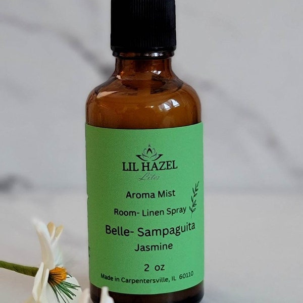 Belle- Sampaguita scent (Jasmine), Room & Linen Spray, 2 OZ glass amber bottle, Fine Mist, Best Seller scent, Floral