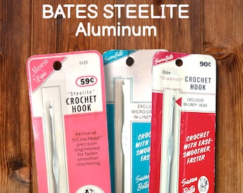 Vintage New USA Inline Susan Bates ALUMINUM &quot;STEELITE&quot; Crochet Hook ~ Marcia Lynn ~ Zephr ~ NoS In-Line fv