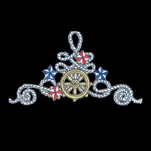 May include: A gold-colored ship's wheel surrounded by white rope and red, white, and blue nautical stars.