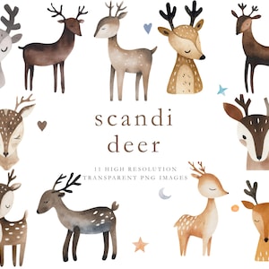 Clipart di cervi scandinavi, clipart di animali ad acquerello, animali nordici, animali scandinavi, arte popolare, cervi, corna, scandinavo, DOWNLOAD