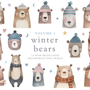 Winter bears clipart, Christmas bears clipart, cute bear clipart, watercolor bears, nordic bears, scarf, hat, winter clothes, folk, DOWNLOAD