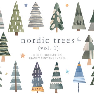 Simpatici alberi di Natale ad acquerello, clipart, alberi scandinavi, alberi nordici, alberi di Natale, acquerello, forme semplici, folk, ingenuo, DIGITALE