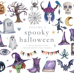 Halloween watercolor clipart, grave, tomb, fashion, witch hat, purple, bunting, halloween, bat, raven, silhouette, magic, spells, book, PNG