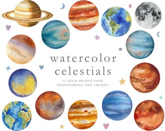 Watercolor planets, clipart, clip art, watercolor solar system, space, earth, moon, Jupiter, mars, Venus, mercury, Neptune, Saturn, DOWNLOAD